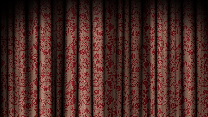red and beige floral wallpaper, curtain, texture, patterns, colors, HD wallpaper