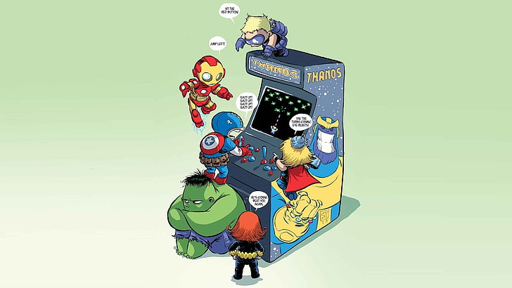 Marvel Superhero on arcade machine illustration, artwork, The Avengers, humor, Marvel Comics, películas, Marvel Heroes, Iron Man, Stark Industries, Hulk, Capitán América, Thor, Thanos, gabinete de arcade, Fondo de pantalla HD