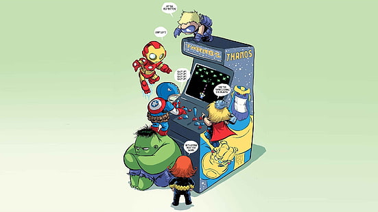 Marvel Superhero on arcade machine illustration, artwork, The Avengers, humor, Marvel Comics, movies, Marvel Heroes, Iron Man, Stark Industries, Hulk, Captain America, Thor, Thanos, arcade cabinet, HD wallpaper HD wallpaper