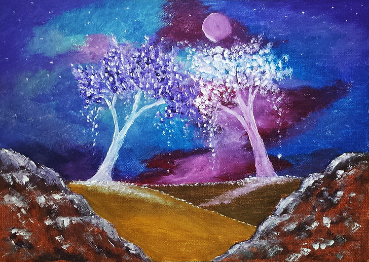 ภาพวาดต้นไม้ใบไม้สีชมพูและสีฟ้าสองใบศิลปะแฟนตาซี, วอลล์เปเปอร์ HD
