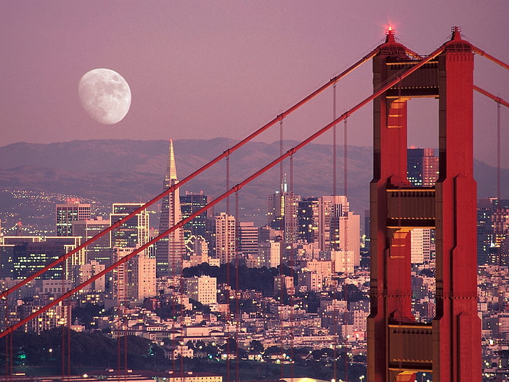 سان فرانسيسكو ، المدينة ، القمر ، مناظر المدينة ، الجسر، خلفية HD