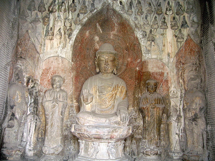 Gautama statue, longman grottoes, cave, stone, ancient, historic, design, HD wallpaper