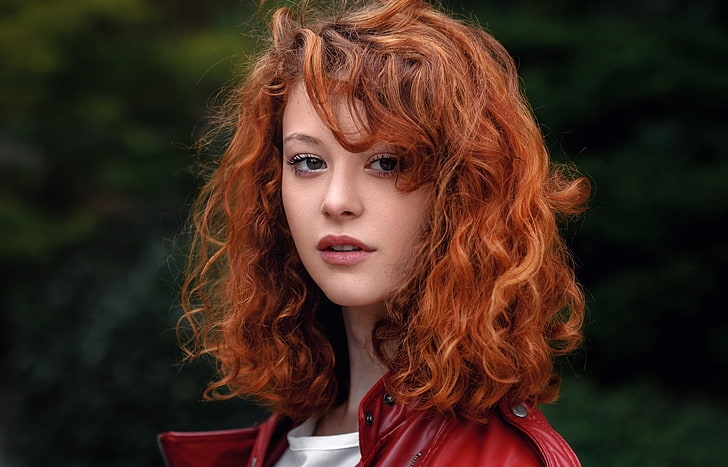 women, redhead, face, portrait, looking at viewer, curly hair, long hair, women outdoors, leather jackets, HD wallpaper