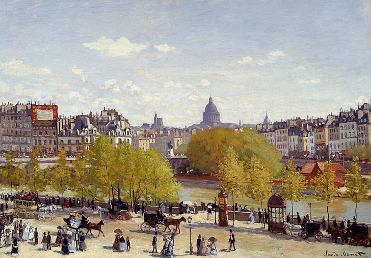 grupa ludzi w pobliżu malarstwa miejskiego, artysta, impresjonizm, sztuka, obraz olejny, 1867, Claude Monet, Quai du Louvre, Tapety HD