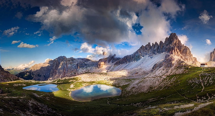 krajobraz, przyroda, góry, zachód słońca, jezioro, kabina, chmury, lato, Dolomity (góry), Alpy, Włochy, Tapety HD