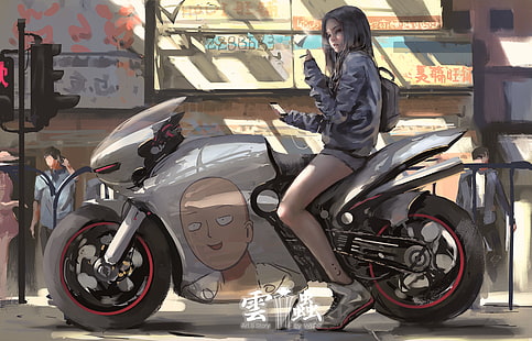 digital art, artwork, anime girls, motorcycle, Saitama, One-Punch Man, WLOP, HD wallpaper HD wallpaper