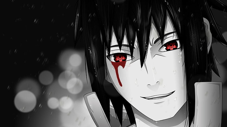 Anime Boys, blood, bokeh, Eternal Mangekyou Sharingan, Naruto Shippuuden, rain, Sharingan, HD wallpaper