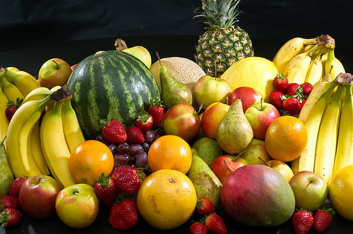 bananes, pommes, melon d'eau, fraises et oranges, ananas, melon d'eau, pommes, fruits, Fond d'écran HD