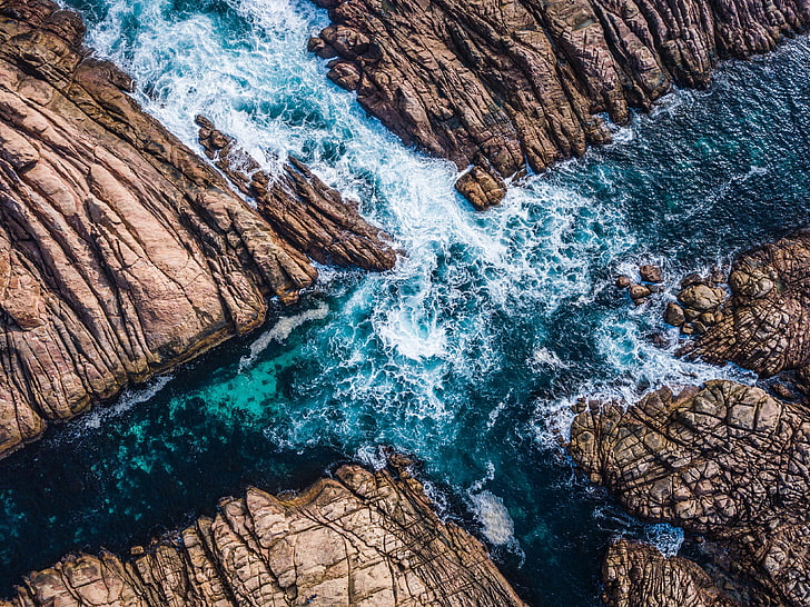 cuerpo de agua, rocas, mar, olas, vista aérea, turquesa, Fondo de pantalla HD