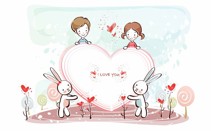 Słodka miłość, serce, króliki, chłopiec i dziewczynka, słodka miłość, serce, króliki, chłopiec i dziewczynka, Tapety HD