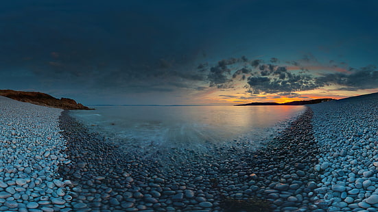 zbiornik wodny, plaża, zachód słońca, skała, morze, przyroda, niebo, Tapety HD HD wallpaper