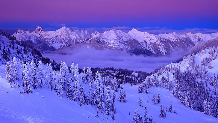фиолетовый, облака, снег, зима, горы, деревья, небо, природа, пейзаж, снежные горы, фиолетовый, облака, снег, зима, горы, деревья, небо, природа, пейзаж, HD обои
