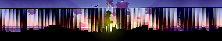siluet wallpaper gadis, anime, kota, matahari terbenam, cakrawala, beberapa tampilan, layar tiga, Wallpaper HD