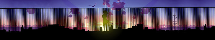 Dreifacher Bildschirm, Anime, Mehrfachanzeige, Stadt, Sonnenuntergang, Horizont, HD-Hintergrundbild