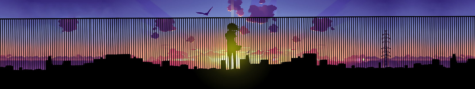 tela tripla, anime, exibição múltipla, cidade, pôr do sol, horizonte, HD papel de parede HD wallpaper