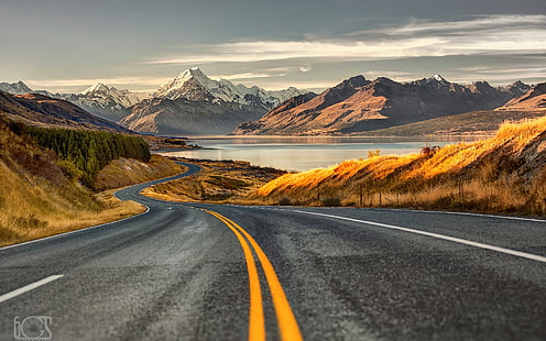 carretera, lago, paisaje, HD тапет HD wallpaper