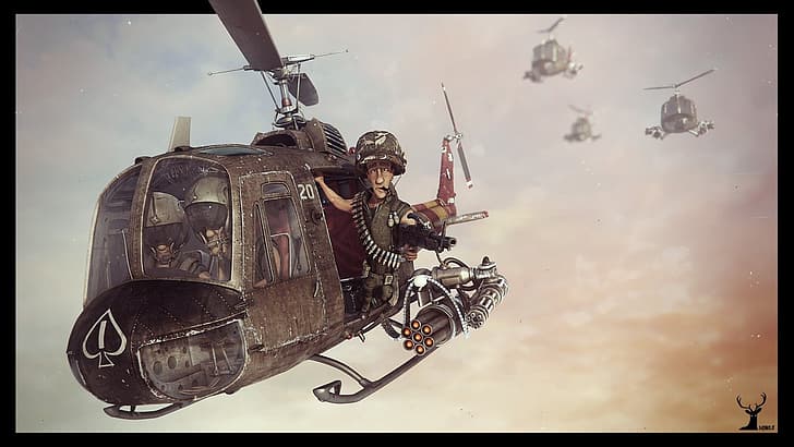 weapons, flight, helicopter, the trick, American, art, Bell, US Army, Vietnam war, UH-1 Huey, gunner, HD wallpaper