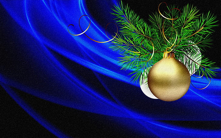 light, rendering, holiday, figure, New Year, serpentine, picture, canvas, blue background, Christmas decorations, spruce branch, Christmas card, acrylic paint, Golden curls, HD wallpaper