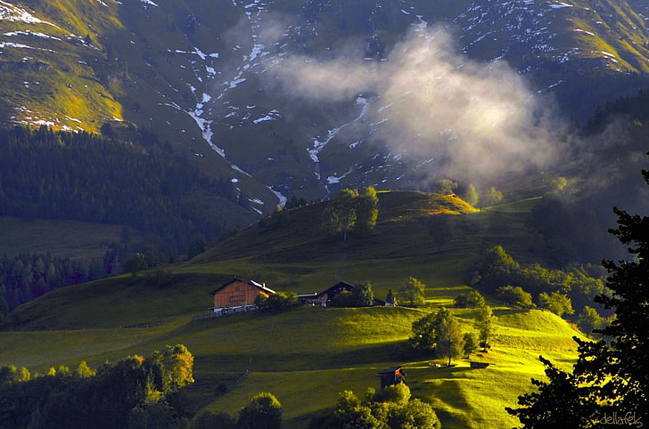 paesaggio, alberi, natura, Austria, capanna, montagne, Sfondo HD