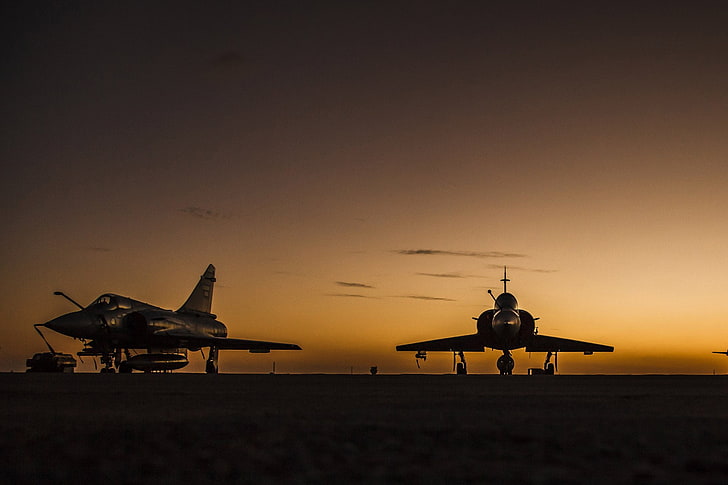 Jet Fighters, Dassault Mirage 2000, Pesawat, Jet Fighter, Silhouette, Sunset, Warplane, Wallpaper HD