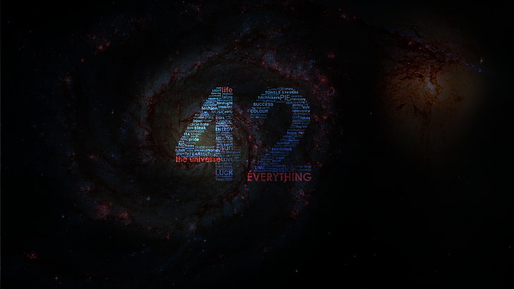 42 ilustración de tipografía, cita, vida, números, galaxia, espacio, The Hitchhiker's Guide to the Galaxy, 42, Whirlpool Galaxy, Fondo de pantalla HD