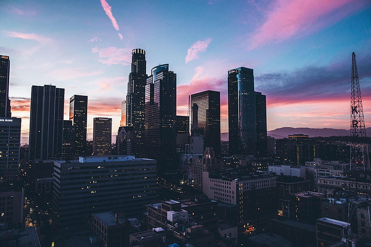 cityscape photo, structural photography of cityscape, cityscape, Los Angeles, skyscraper, silhouette, mountains, clouds, sunset, HD wallpaper