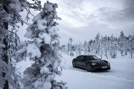 Porsche, Porsche Taycan 4S, Black Car, 자동차, 눈, 스포츠카, 차량, 겨울, HD 배경 화면 HD wallpaper