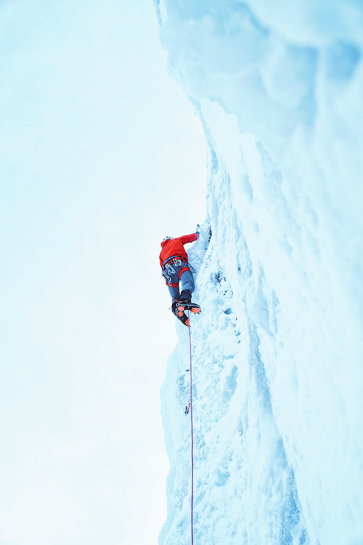 men's red jacket, climber, snow, mountain, climbing, HD wallpaper