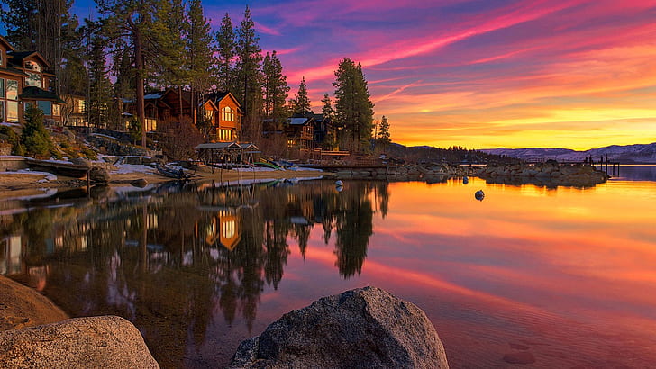 Kalifornia, USA, jezioro Tahoe, zachód słońca, skały, drzewa, domy, Kalifornia, USA, Tahoe, jezioro, zachód słońca, skały, drzewa, domy, Tapety HD