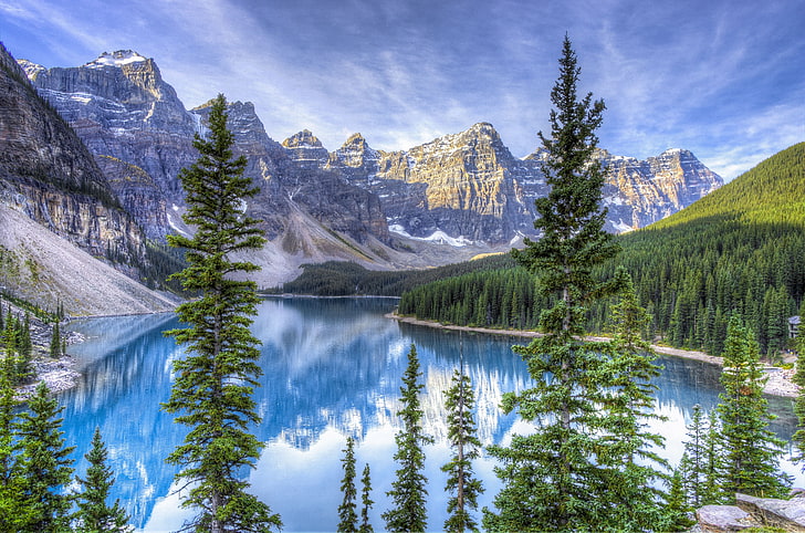جبال الصخور ، بحيرة مورين ، ألبرتا ، كندا ، تقرير التنمية البشرية، خلفية HD