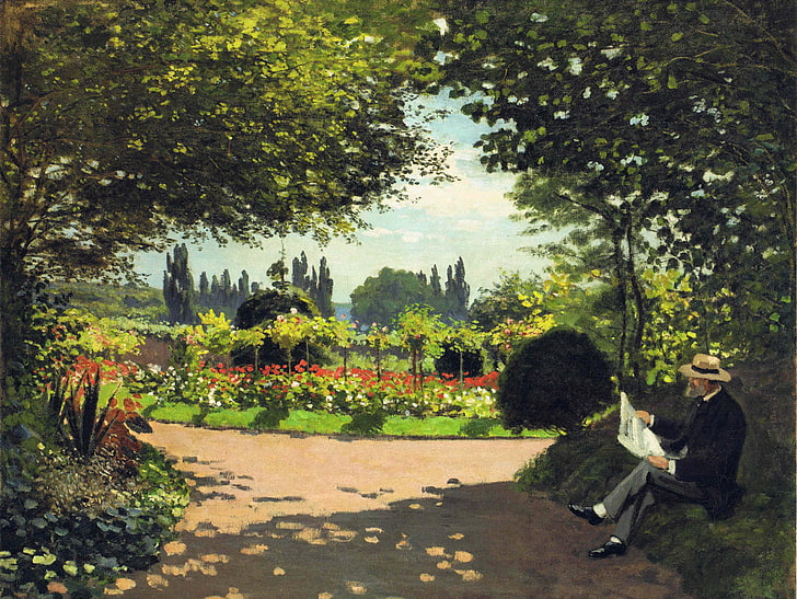 lukisan topi coklat pria, Park, stay, picture, garden, Claude Monet, Wallpaper HD