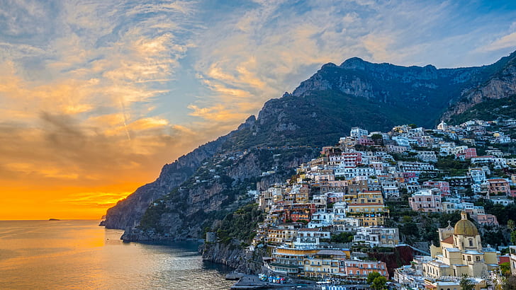 Positano ao pôr do sol, costa de Amalfi, Itália, Europa, HD papel de parede