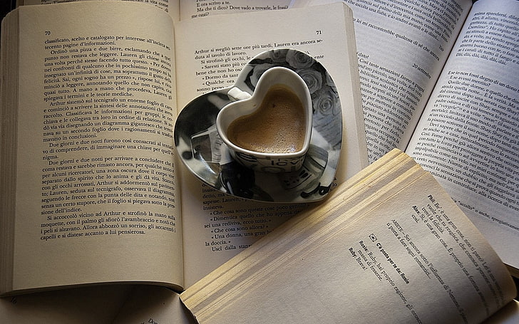 white and gray heart container, coffee, book, page, mug, heart, HD wallpaper