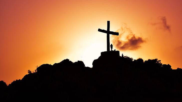 silhueta cruz, cruz, pôr do sol, silhueta, colina, cristianismo, jesus cristo, 5K, HD papel de parede