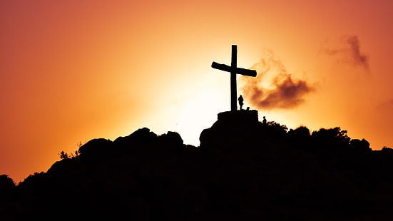 Jesucristo, silueta, colina, cruz, 5K, cristianismo, puesta de sol, Fondo de pantalla HD HD wallpaper