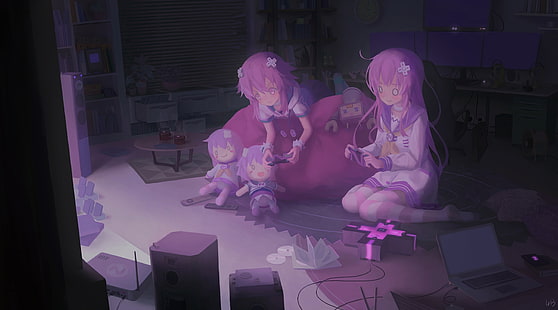 hyperdimension neptunia, neptune, nepgear, room, gaming time, purple hair, Anime, HD wallpaper HD wallpaper
