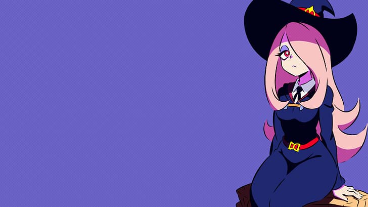 Sucy Manbavaran, Little Witch Academia, Luna Nova uniform, pink hair, witch hat, Wide-Brimmed Hat, witch, ribbon, bow tie, long hair, bangs, pale, red eyes, purple eyeshadow, looking at viewer, wide hips, large hips, sitting, purple background, simple background, belt, red belt, schoolgirl, school uniform, white shirt, collared shirt, robes, blue robe, anime girls, HD wallpaper