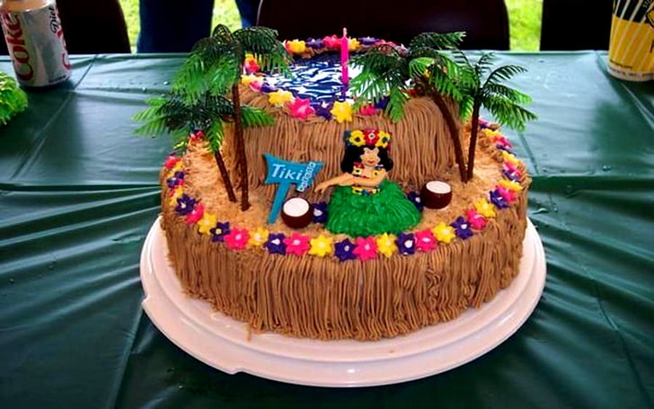 Luau födelsedagstårta, palm, Luau, tårta, träd, kvinna, födelsedag, HD tapet