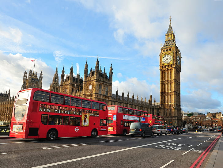 Bus, Angleterre, voyage, tourisme, Big Ben, l'abbaye de Westminster, Londres, ville, Fond d'écran HD