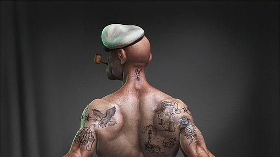 Popeye, fantaisie, marin, luminos, cg, tatouage, homme, chapeau, Fond d'écran HD HD wallpaper