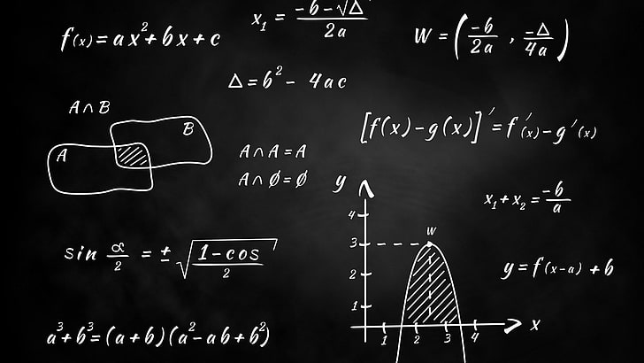 geometric equation, monochrome, blackboard, knowledge, mathematics, graph, numbers, science, equation, formula, simple background, HD wallpaper