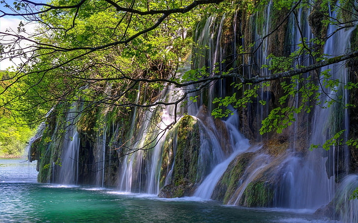 green and brown tree painting, nature, landscape, waterfall, HD wallpaper