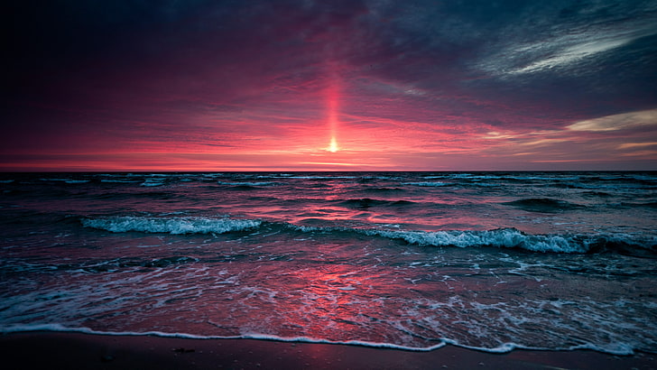 горизонт, море, небо, океан, берег, закат, сумерки, волна, пляж, вечер, послесвечение, красное небо, вода, HD обои
