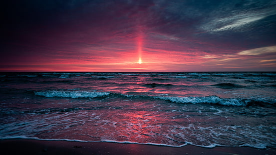 horyzont, morze, niebo, ocean, Wybrzeże, zachód słońca, zmierzch, fala, plaża, wieczór, poświata, czerwone niebo, woda, Tapety HD HD wallpaper