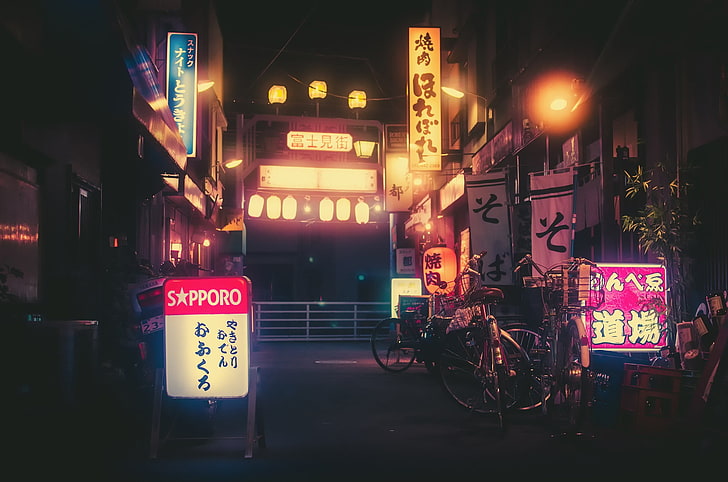 berbagai macam tanda LED, Jepang, lengkung, neon, Sapporo, sepeda, kanji, katakana, hiragana, Wallpaper HD