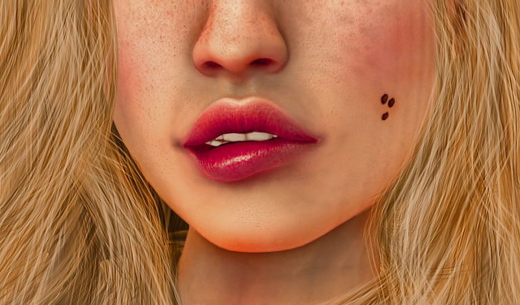 lips, face, women, artwork, juicy lips, biting lip, HD wallpaper