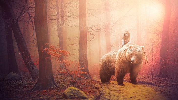 forest, fantasy, the situation, girl. bear, HD wallpaper