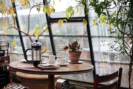 coffee shop, desk, rainy day, table, Space, HD wallpaper HD wallpaper