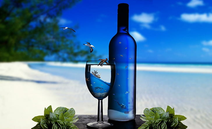 Тропическо освежаване, тропическо, освежаване, плаж, океан, листа, напитка, гмуркане, синьо, 3d и абстрактно, HD тапет