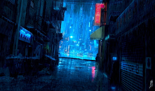 futurystyczne miasto, pada deszcz, drapacze chmur, sci-fi, zaułki, fantasy, Tapety HD HD wallpaper